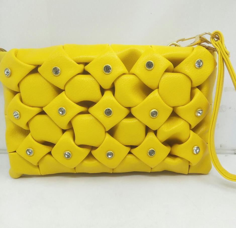 Yellow Woven Handbag with Rhinestones & Adjustable Strap