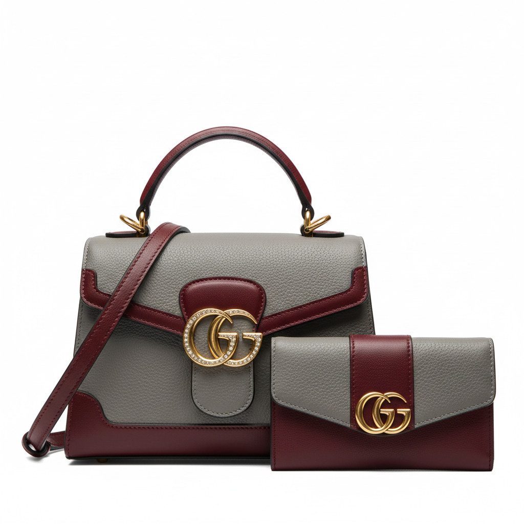 Gucci Women's Grey Maroon Handbag & Wallet Set
