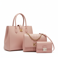 Women's Leather Plain Hand Bag Set Pink