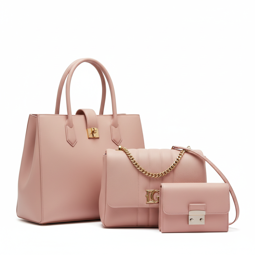 Women's Leather Plain Hand Bag Set Pink