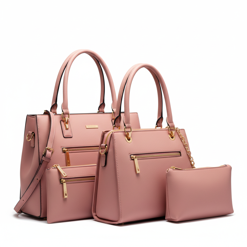 Women's Pink Rexine Handbag Set