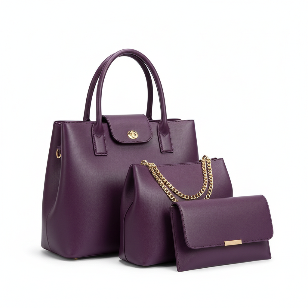 Women's Leather Plain Hand Bag Set Purple